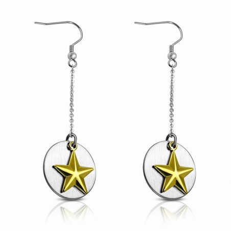 Paire de boucles d'oreille acier pendantes cercle étoiles dorées