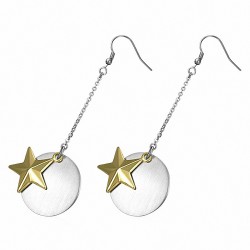 Paire de boucles d'oreille acier pendantes cercle étoiles dorées