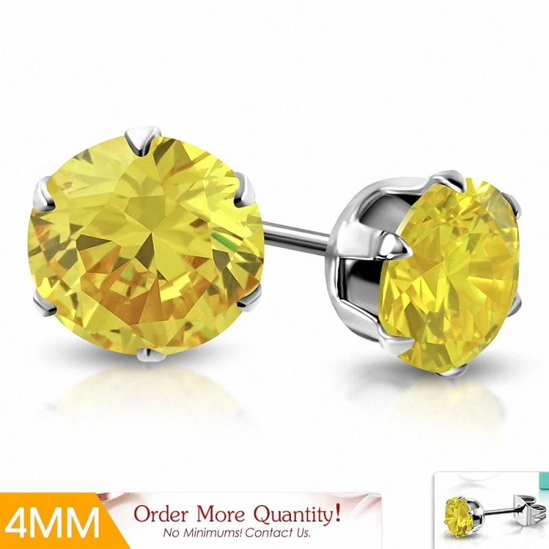 Paire de boucles d'oreille acier pierre zirconium jaune 4 mm