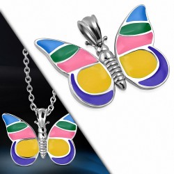 Pendentif en acier papillon avec émail multicolore