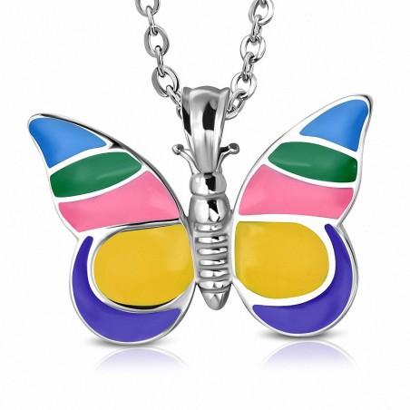 Pendentif en acier papillon avec émail multicolore