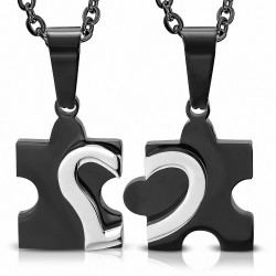 Pendentif couple 2 partie puzzle noir avec un cœur