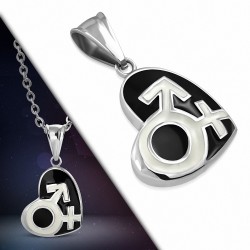 Pendentif en acier cœur noir symboles masculin et féminin