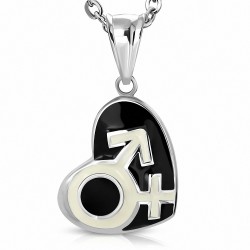 Pendentif en acier cœur noir symboles masculin et féminin