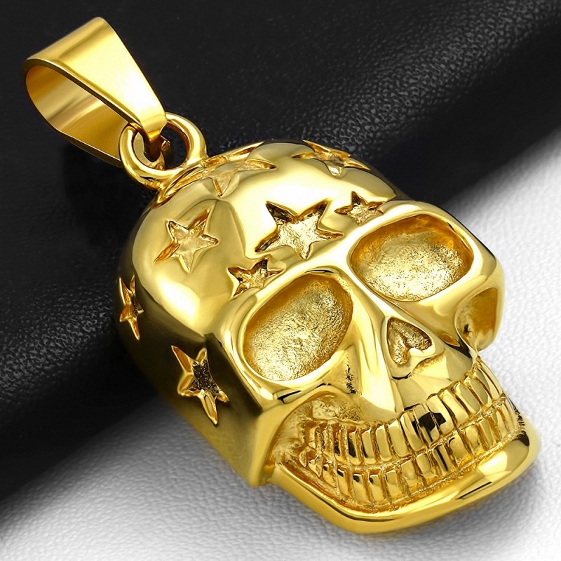 Pendentif homme biker en acier inoxydable doré skull étoile