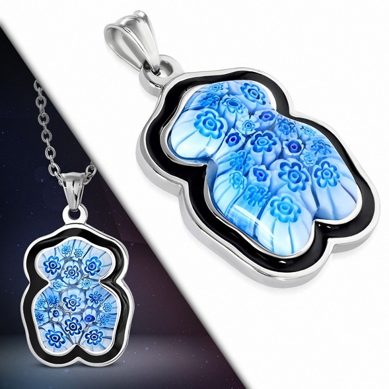 Pendentif en acier ourson avec verre et émail bleu