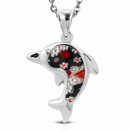 Pendentif en acier dauphin avec verre floral rouge