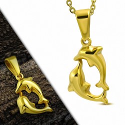 Pendentif deux dauphins en acier inoxydable doré brillant