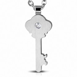 Pendentif en forme de clef en acier finition matte et strass