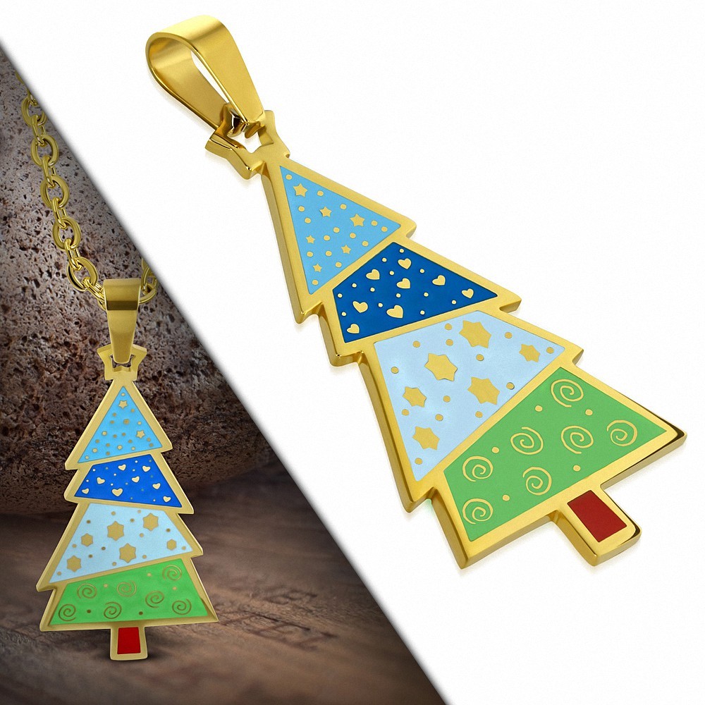 Pendentif sapin de Noël en acier doré avec émail couleur bleue