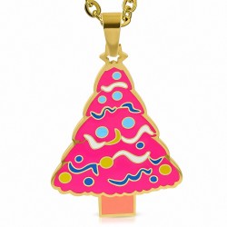 Pendentif sapin de Noël en acier doré avec émail couleur fuchsia