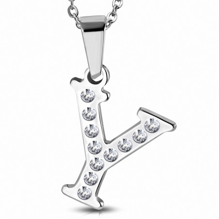 Pendentif en acier inoxydable lettre Y pavée de strass