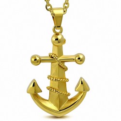 Pendentif en acier inoxydable doré ancre marine avec corde