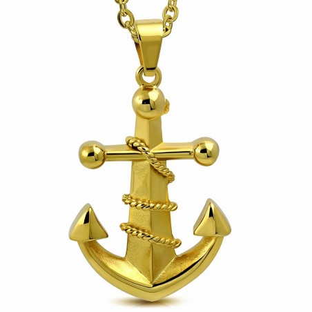 Pendentif en acier inoxydable doré ancre marine avec corde