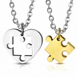 Pendentif pour couple en deux parties  cœur et puzzle doré