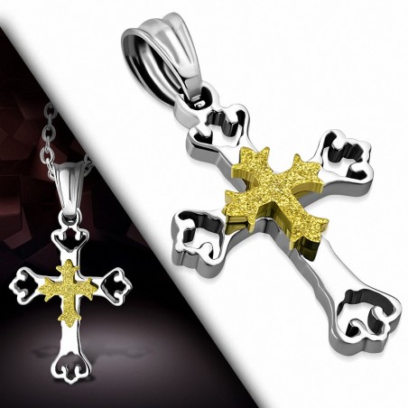 Pendentif double croix fleur de lys finition sablée