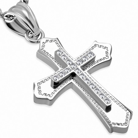 Pendentif en acier double croix latine et fleur de lys gemmes