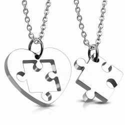 Pendentif pour couple en deux parties cœur et puzzle argenté
