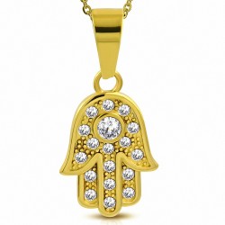 Pendentif main de fatma en acier inoxydable doré pavé de strass