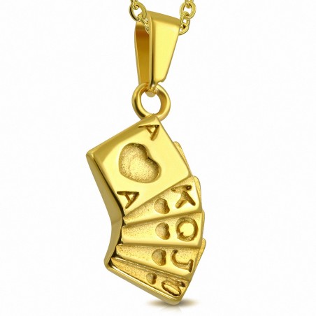 Pendentif suite de cartes à jouer en acier inxodyable doré