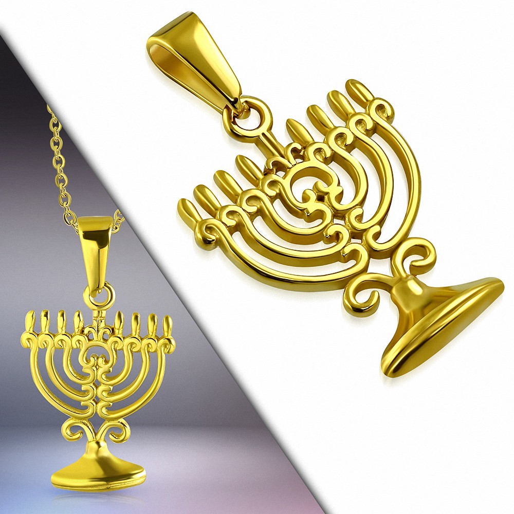 Pendentif chandelier menorah en acier inoxydable doré