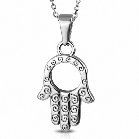 Pendentif main de fatma motifs tribal en acier inoxydable