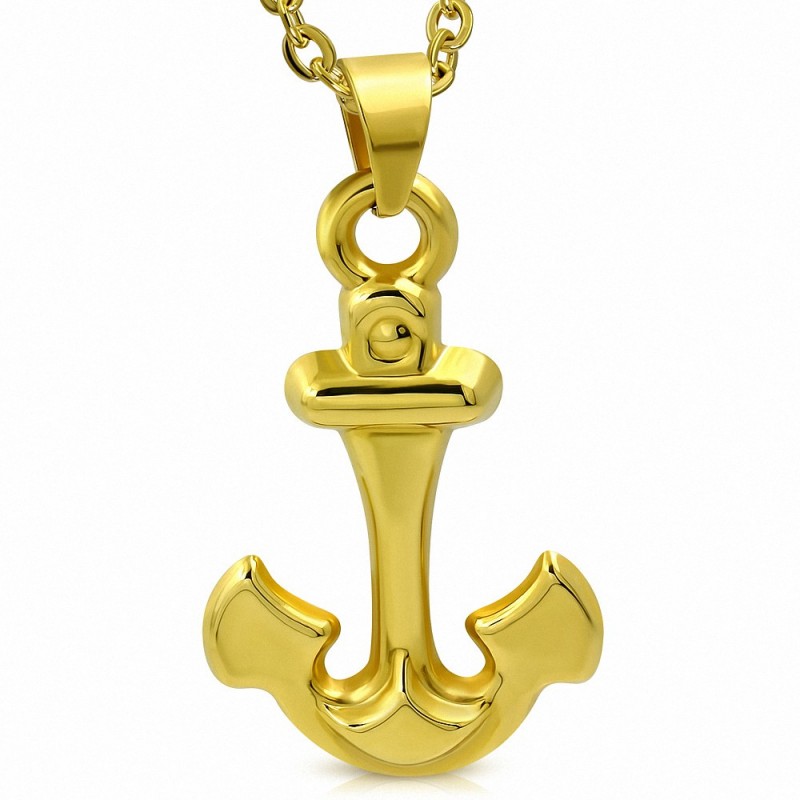 Collier Pendentif Luxe Acier Inoxydable Doré Avec Ancre - Neuf