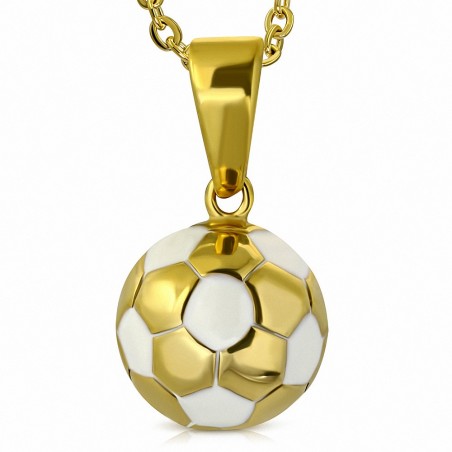 Pendentif homme ballon de foot en acier doré et émail blanc