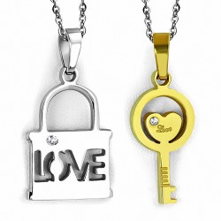 Pendentif couple en deux parties cadenas love et clef dorée