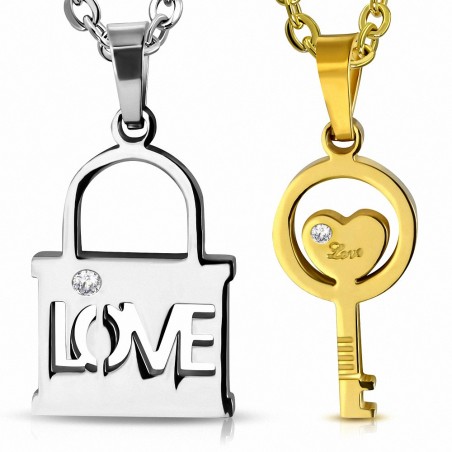 Pendentif couple en deux parties cadenas love et clef dorée