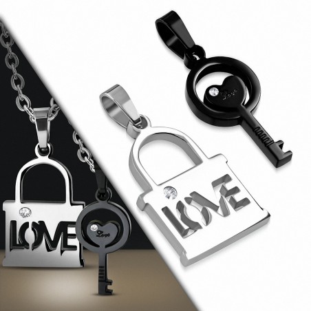 Pendentif couple en deux parties cadenas love et clef noire