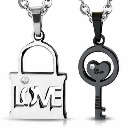 Pendentif couple en deux parties cadenas love et clef noire