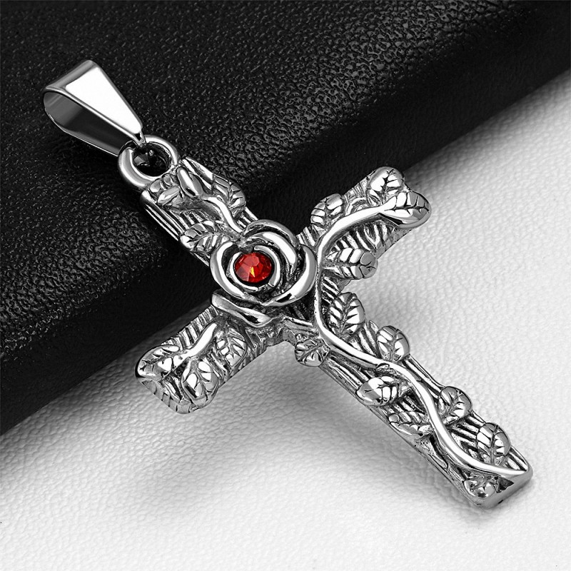 Pendentif homme biker croix avec fleur de vigne et gemme rouge