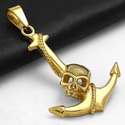 Pendentif homme biker en acier doré ancre marine et skull