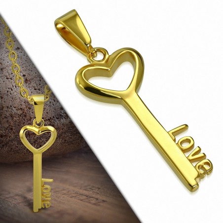 Pendentif clef LOVE en acier inoxydable doré