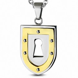 Pendentif cadenas et bouclier en acier argenté et doré