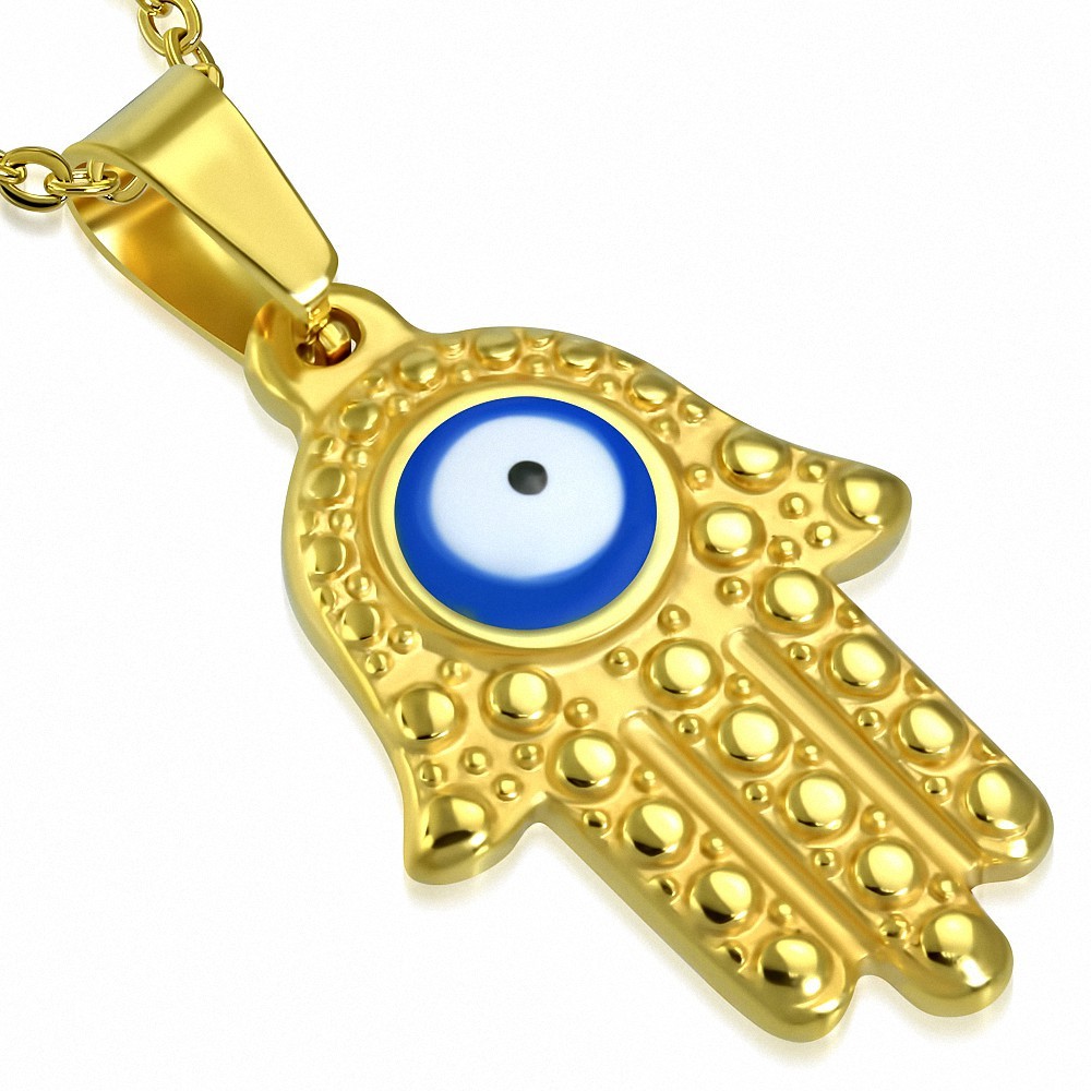 Pendentif en acier doré main de fatma mauvais il bleu