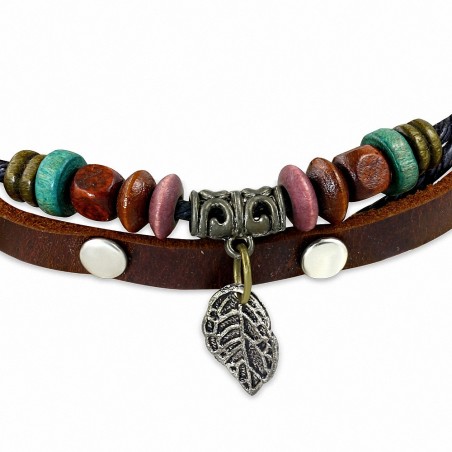 Bracelet en cuir marron marron perles de Karma avec feuille