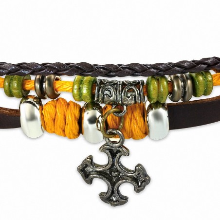 Bracelet en cuir marron marron perles de Karma avec croix