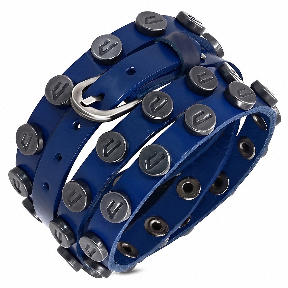 Bracelet en véritable cuir bleu ceinture avec cercles acier