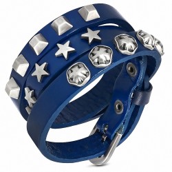 Bracelet en véritable cuir bleu ceinture avec clous étoiles