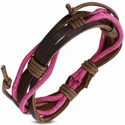 Bracelet en cuir marron avec cordes roses taille ajustable