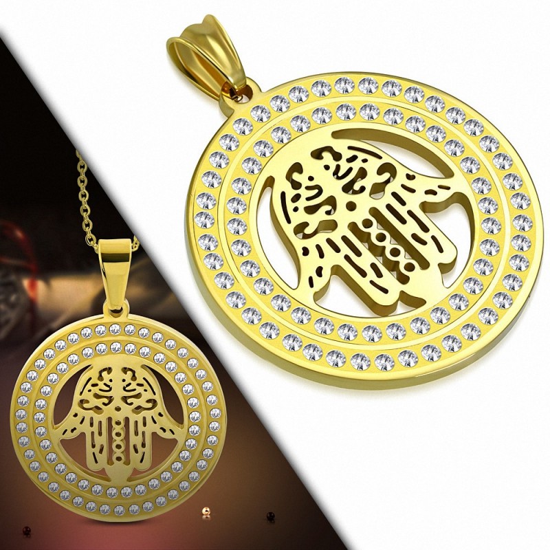 Pendentif en acier doré cercle pavé de strass main de fatma