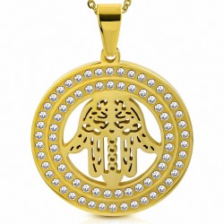 Pendentif en acier doré cercle pavé de strass main de fatma