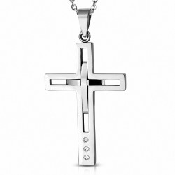 Pendentif croix argentée et noir géométrique avec strass