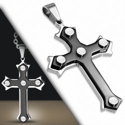 Pendentif double croix argenté et noire avec vis