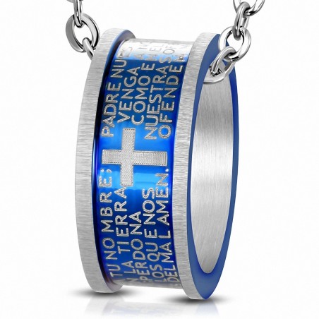 Pendentif anneau acier bleu prières croix