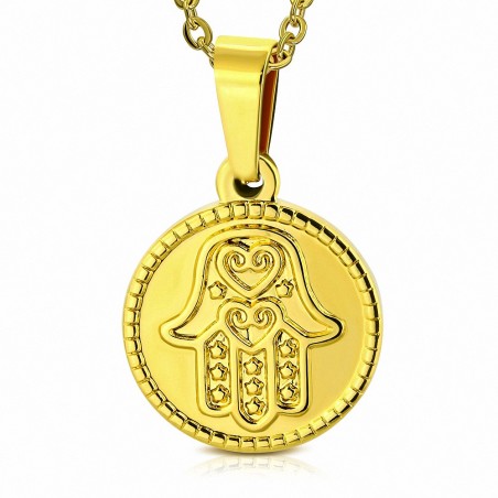 Pendentif en acier inoxydable dore cercle main de fatma