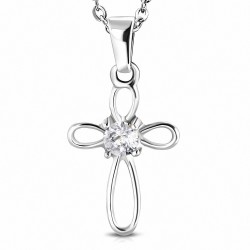 Pendentif en acier inoxydable croix florale serti d'un strass