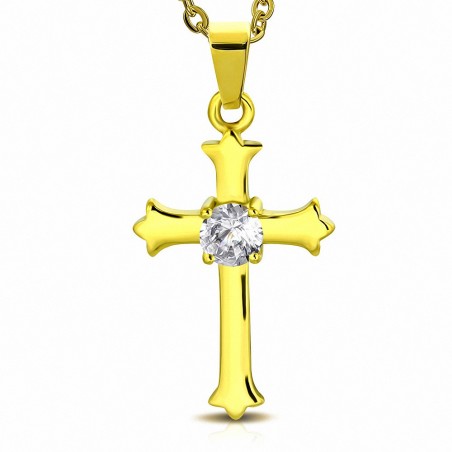 Pendentif croix en acier inoxydable doré gemme fleur de lys